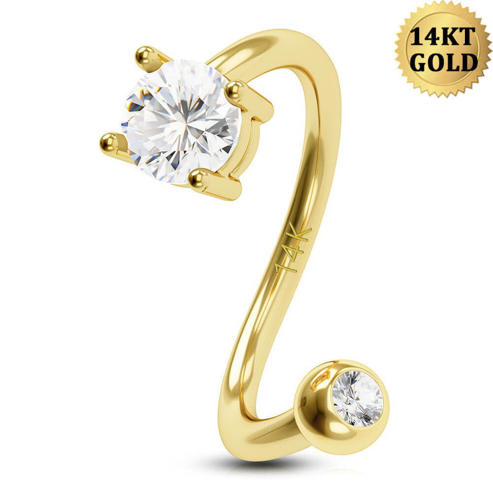 14K Gold 16G Round CZ S-shaped Cartilage Helix Earring