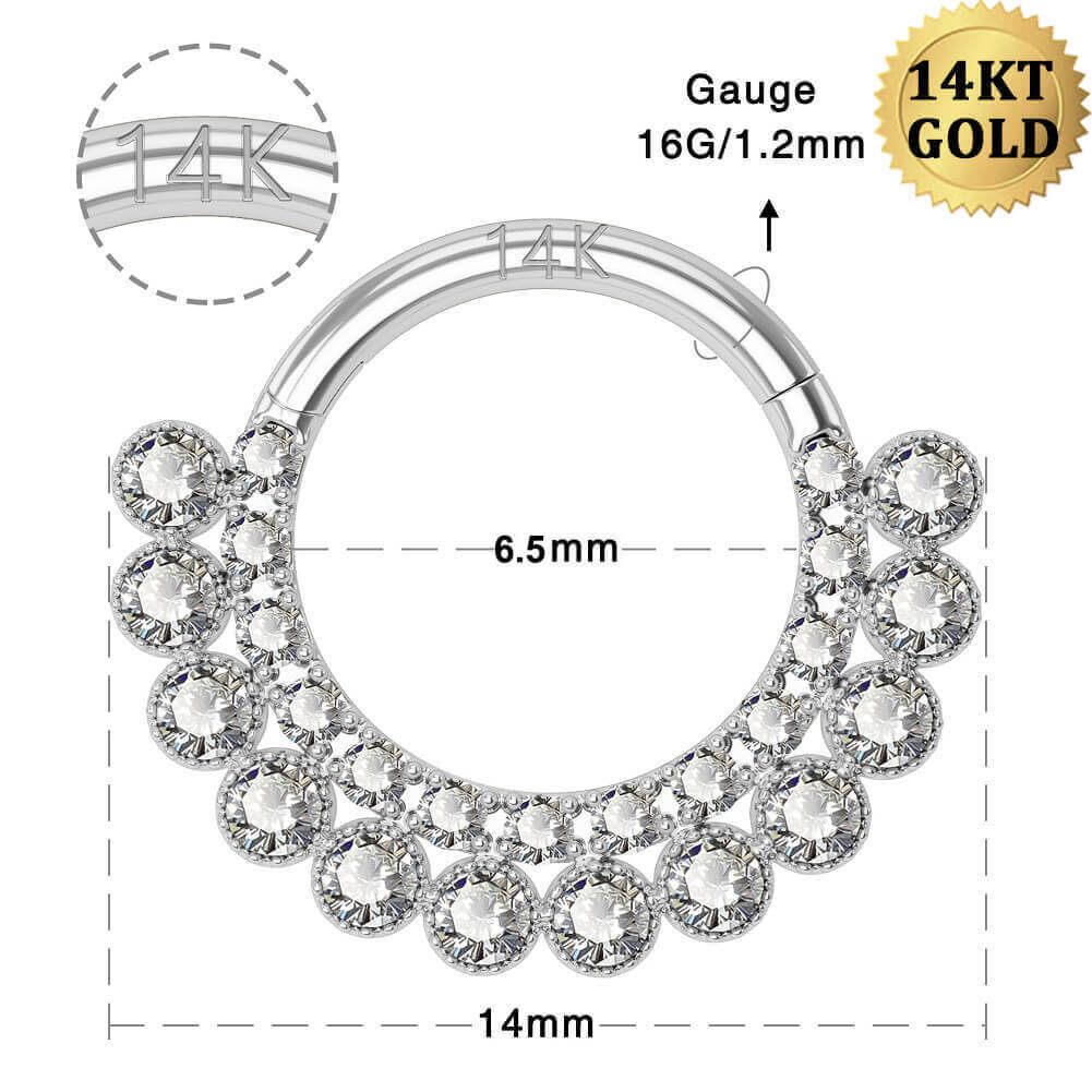 14K White Gold Septum Clicker Clear CZ 16G Daith Hoop