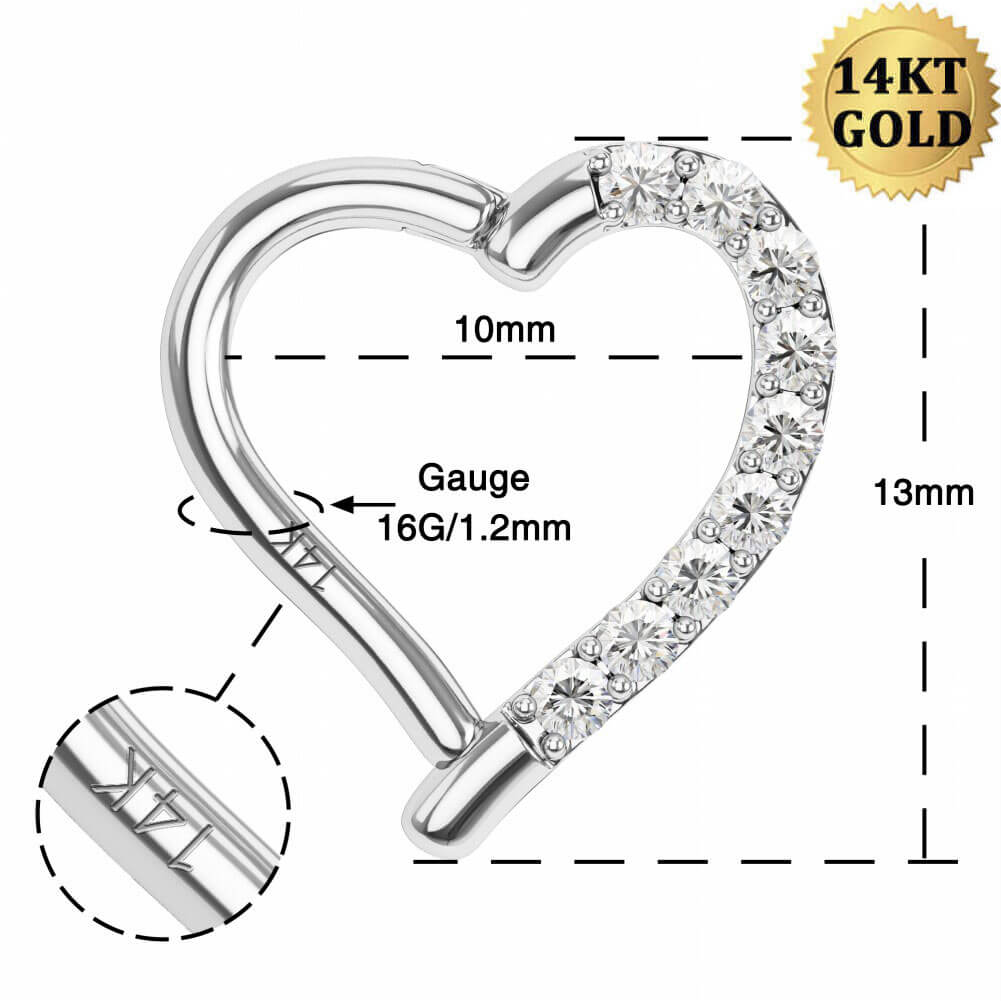 14K oro blanco 16G en forma de corazón CZ daith hélice pendiente