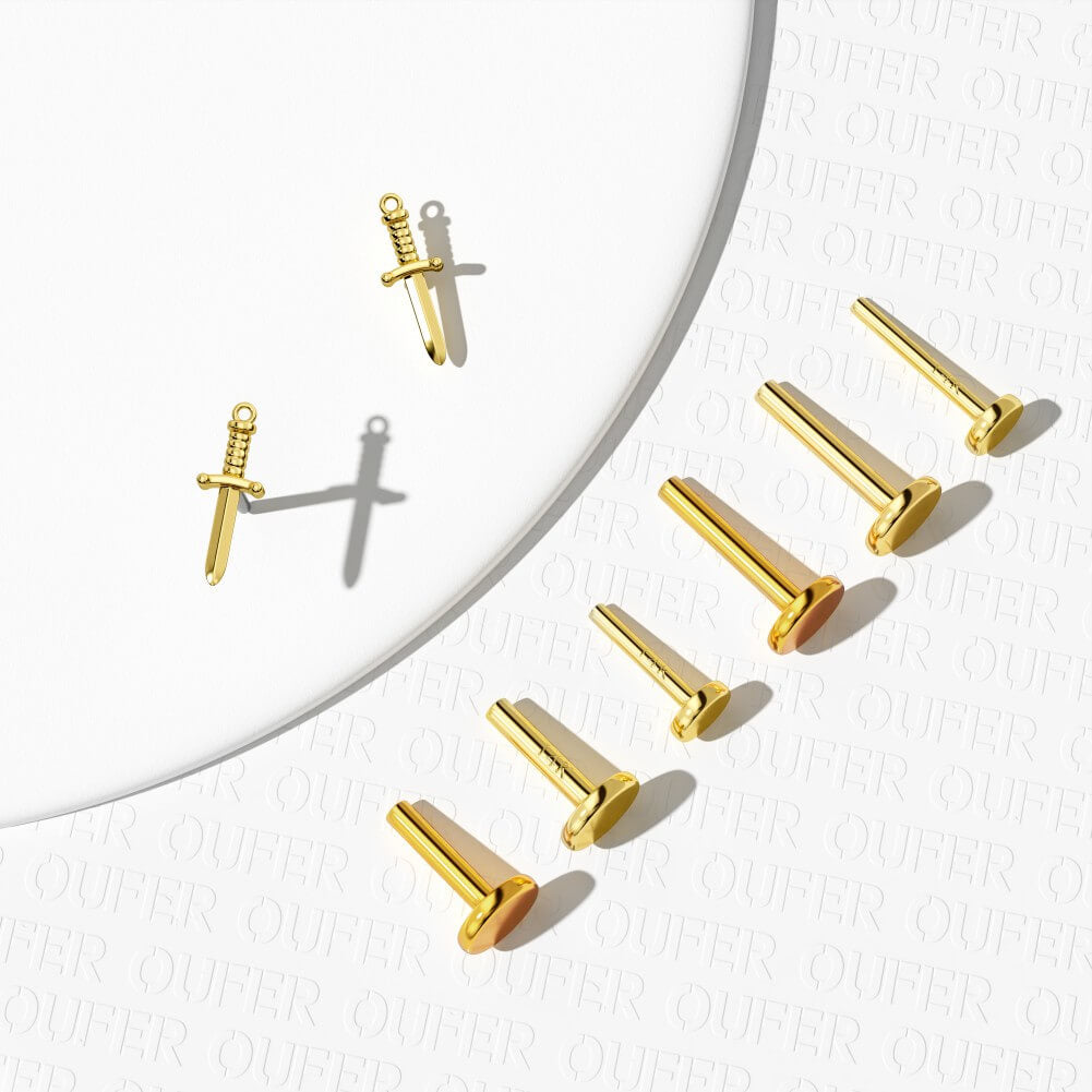 14K Gold Dagger Threadless Push Pin Labret Nose Stud