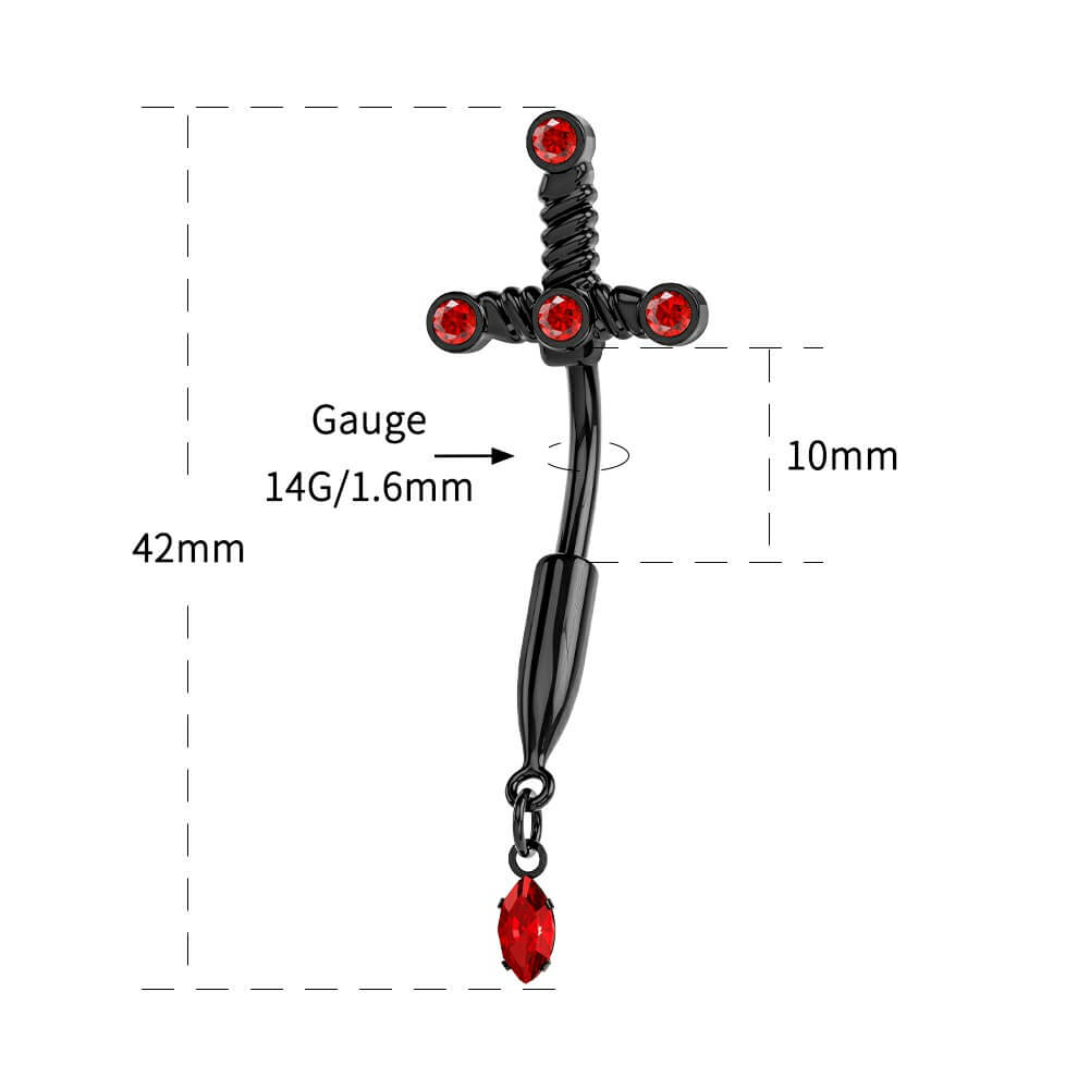 14g black sword dagger belly button ring