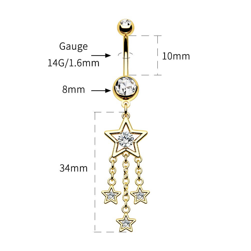 14G Sparkle CZ Stars Dangle Belly Button Rings