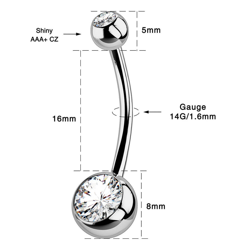 14G 8-16mm Titanium Clear CZ Internally Threaded Belly Ring/ 8-16mm