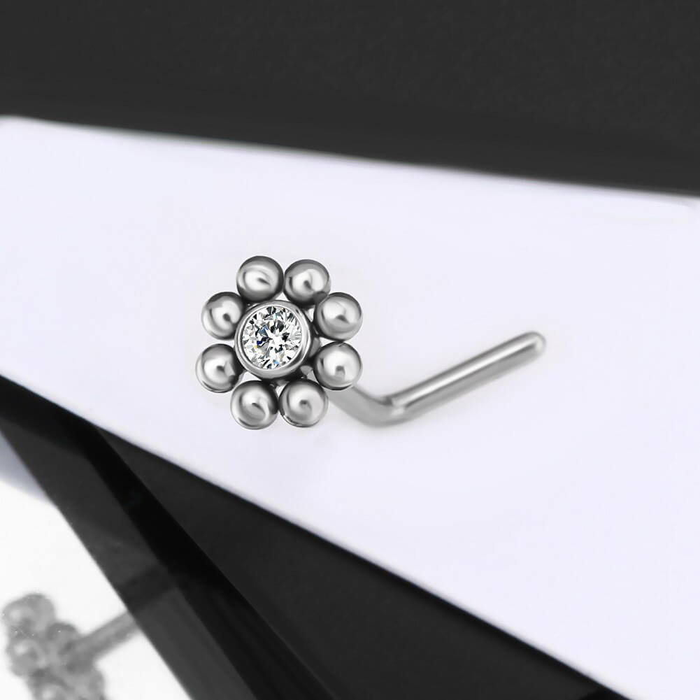 20G Titanium L-shaped CZ Flower Nose Stud