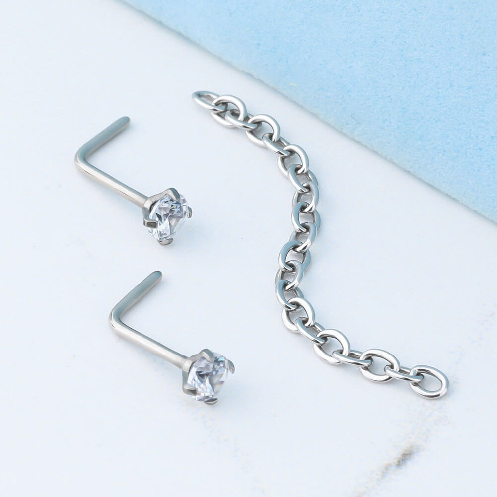 20G Titanium L-Shaped CZ Nose Stud Chain