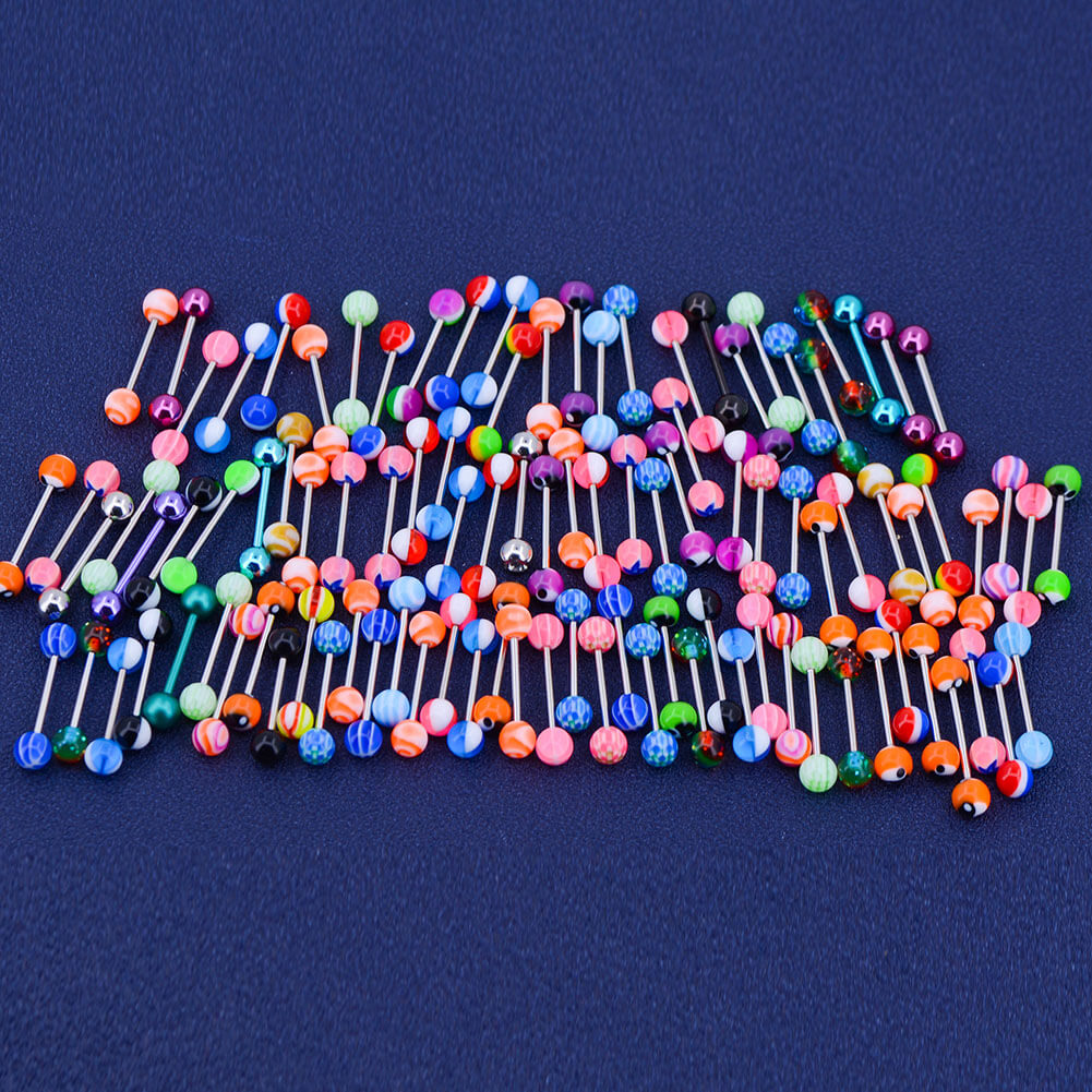 14G 100PCS Tongue Ring Ball Colorful Acrylic Tongue Barbells(Random Colors) - OUFER BODY JEWELRY 