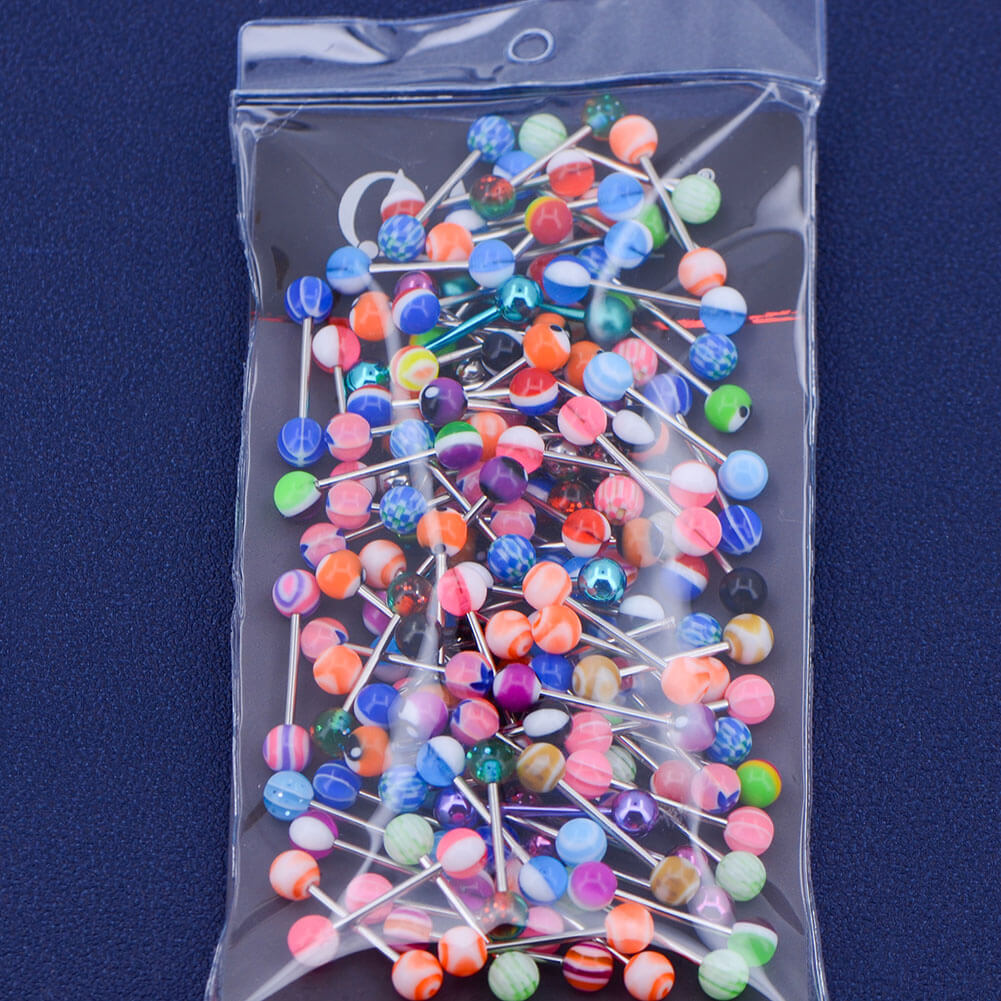 14G 100PCS Tongue Ring Ball Colorful Acrylic Tongue Barbells(Random Colors) - OUFER BODY JEWELRY 