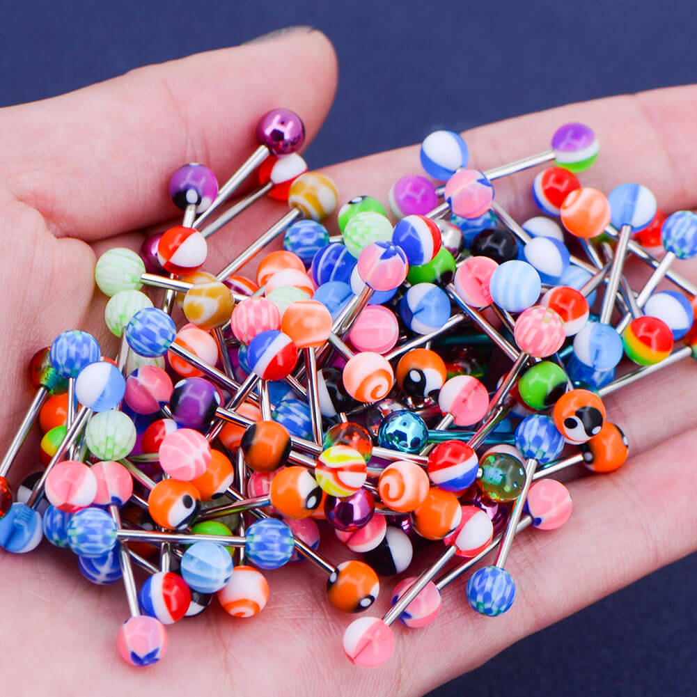 14G 100PCS Tongue Ring Ball Colorful Acrylic Tongue Barbells(Random Colors) - OUFER BODY JEWELRY 