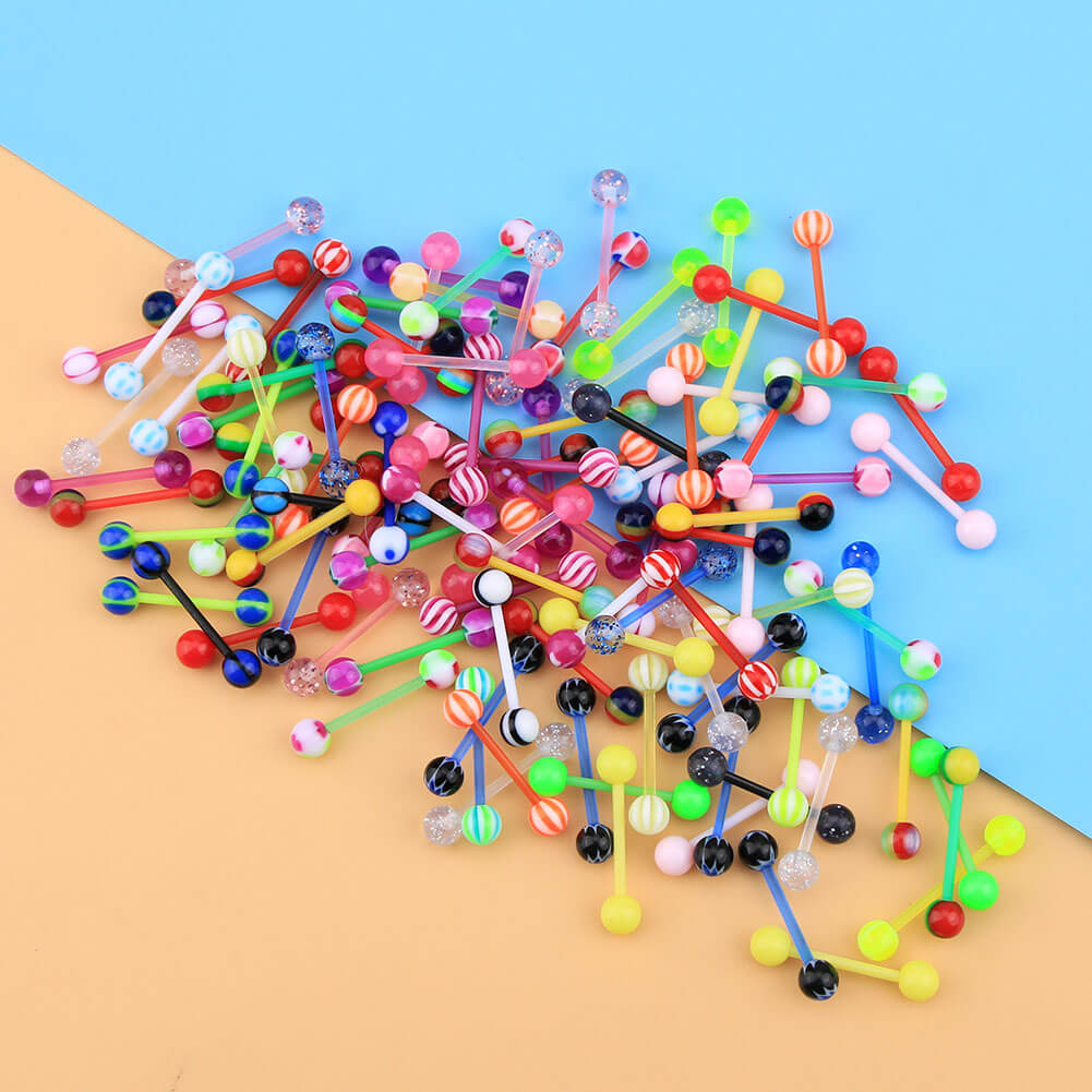 14G 100PCS Different Candy Color Acrylic Barbell Tongue Rings(Random Colors) - OUFER BODY JEWELRY